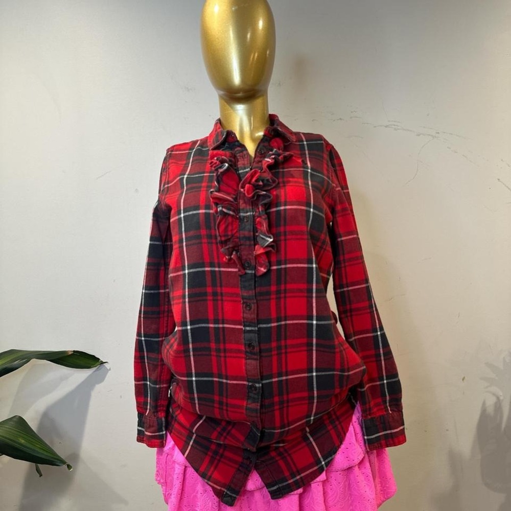 Ralph Lauren Red tartan plaid button up girls dress 16/ women's top S / XS